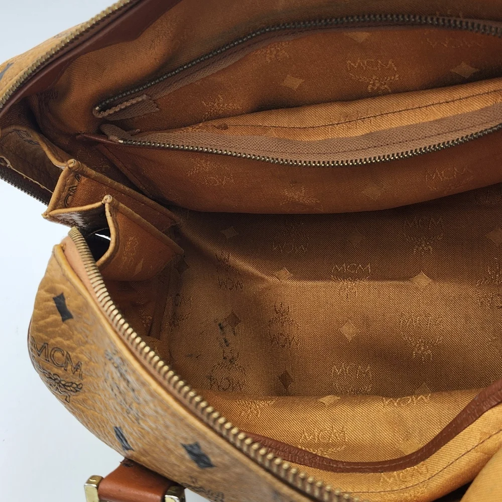 MCM Cognac Brown Monogram Satchel with Gold Hardware